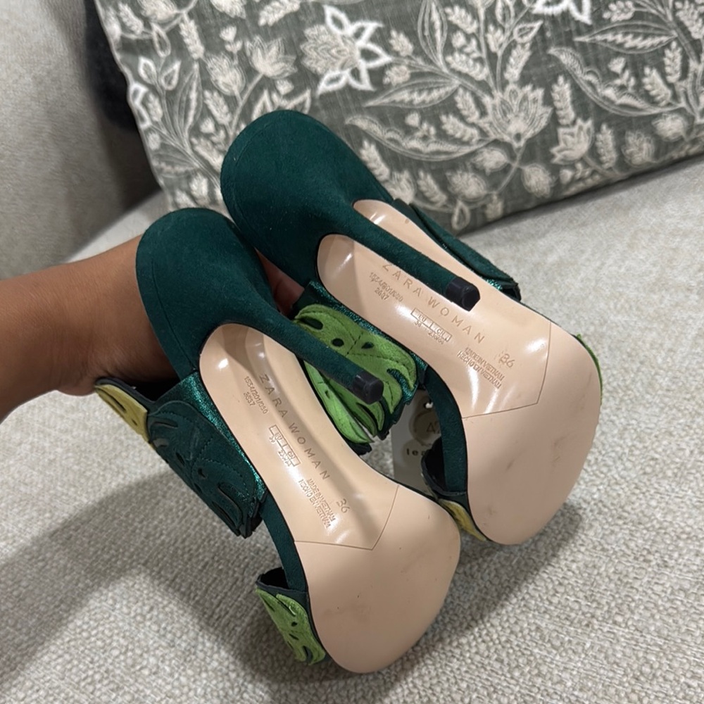 Zara Green and Yellow Leaf Design Women's Heels - Picture 3 of 4
